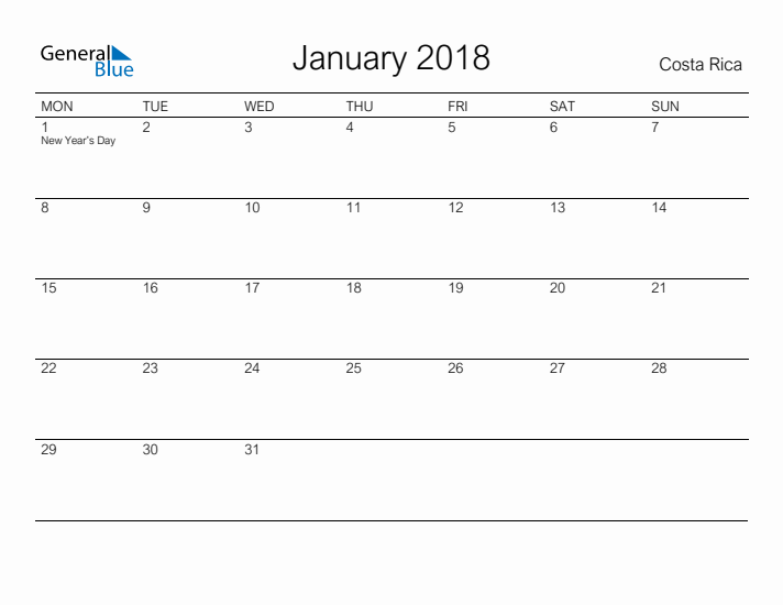 Printable January 2018 Calendar for Costa Rica
