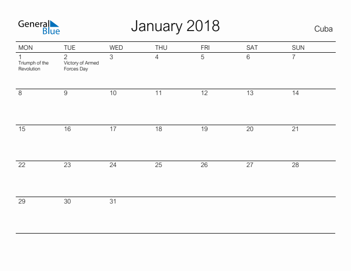 Printable January 2018 Calendar for Cuba