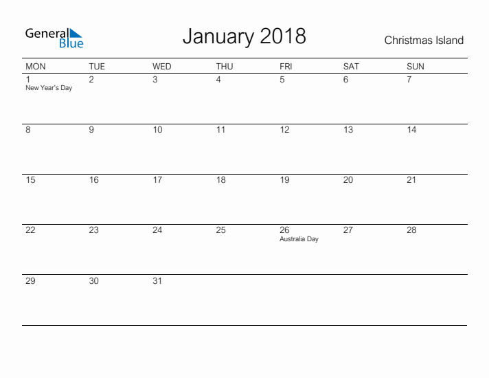 Printable January 2018 Calendar for Christmas Island