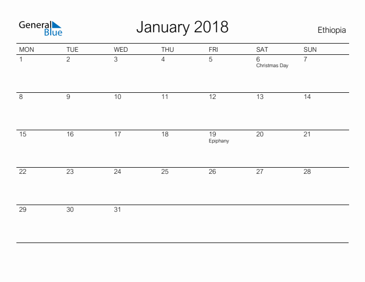 Printable January 2018 Calendar for Ethiopia