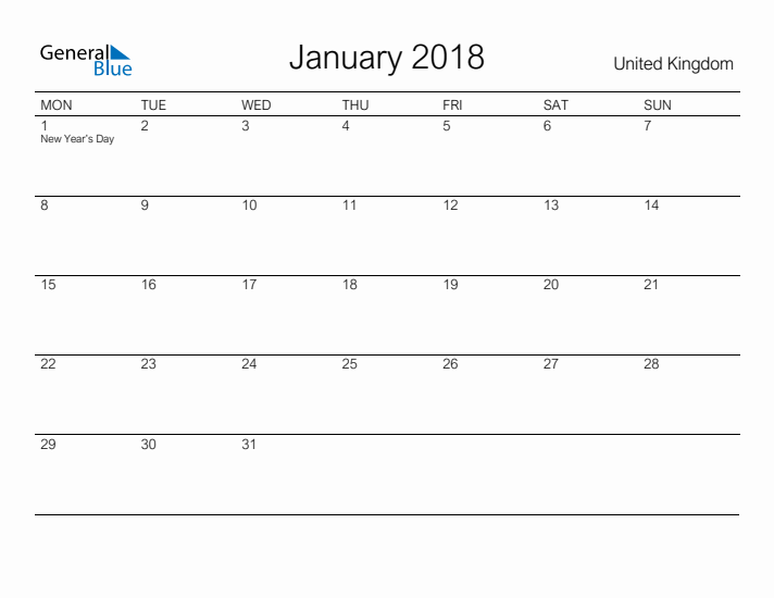 Printable January 2018 Calendar for United Kingdom