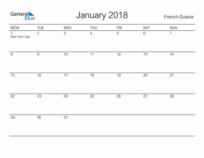 Printable January 2018 Calendar for French Guiana