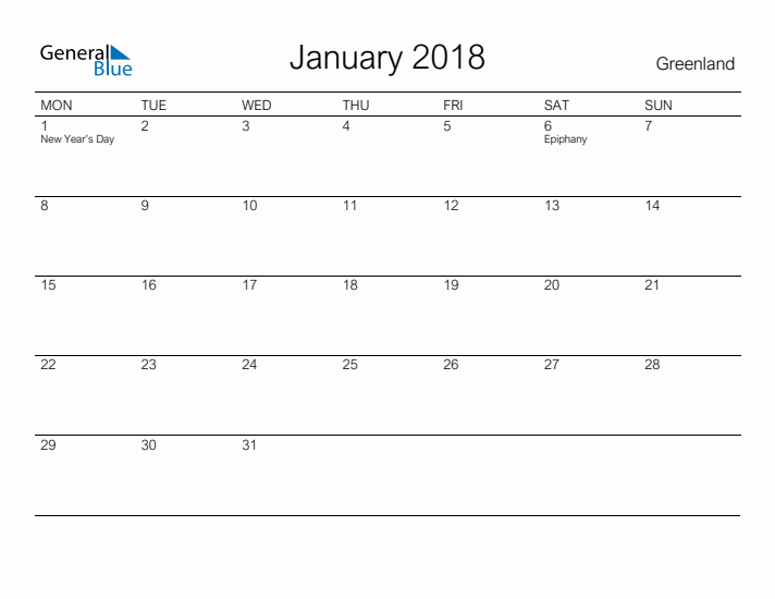 Printable January 2018 Calendar for Greenland