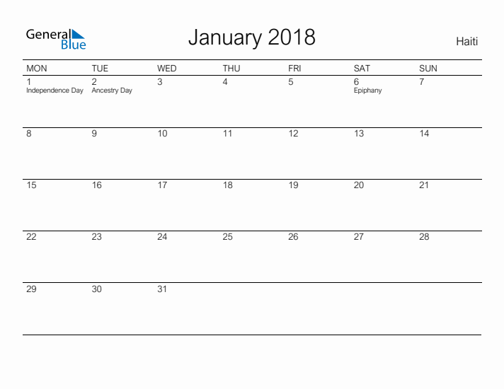 Printable January 2018 Calendar for Haiti