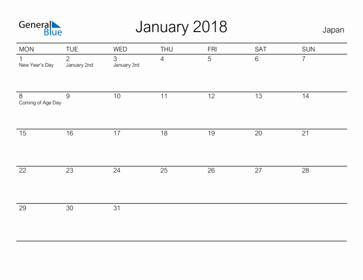 Printable January 2018 Calendar for Japan