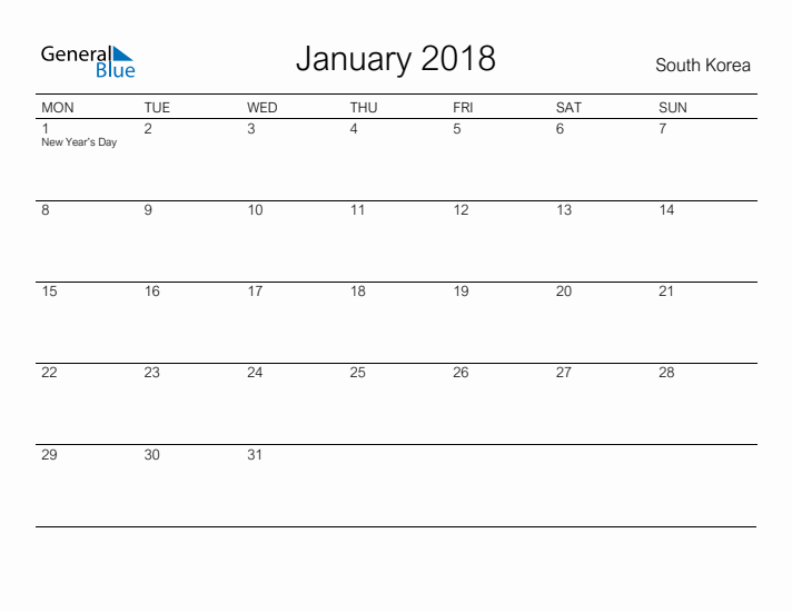 Printable January 2018 Calendar for South Korea