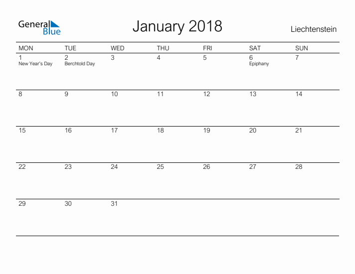 Printable January 2018 Calendar for Liechtenstein