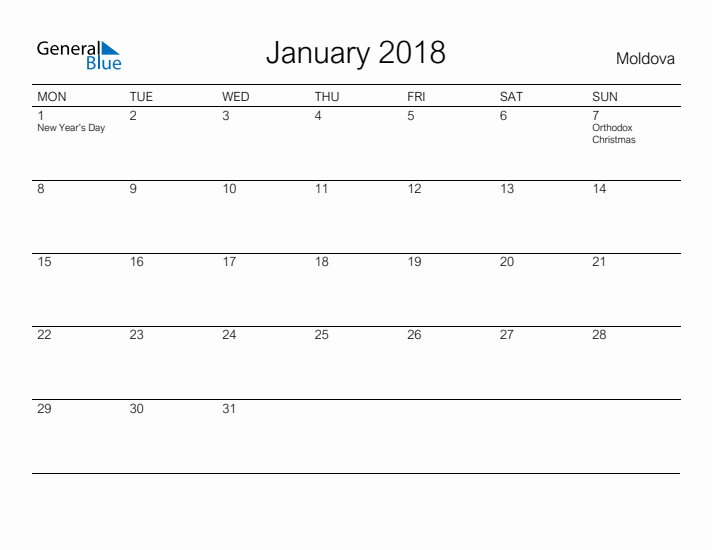 Printable January 2018 Calendar for Moldova
