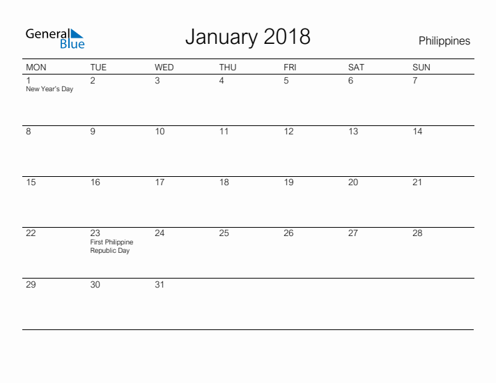 Printable January 2018 Calendar for Philippines