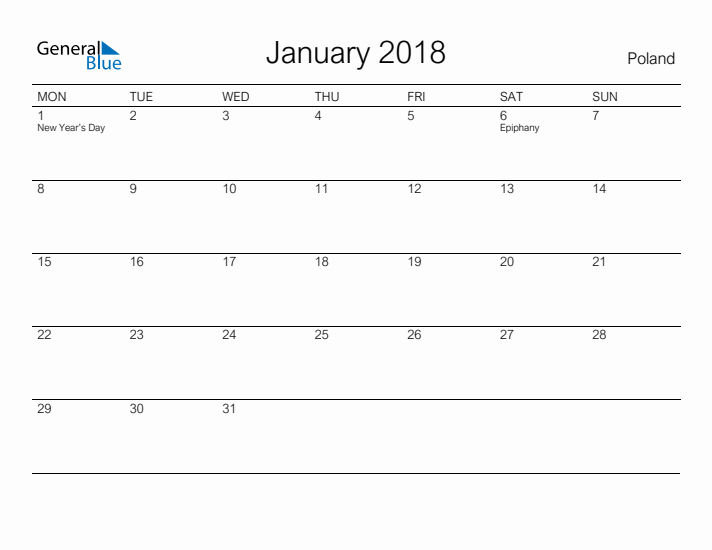 Printable January 2018 Calendar for Poland