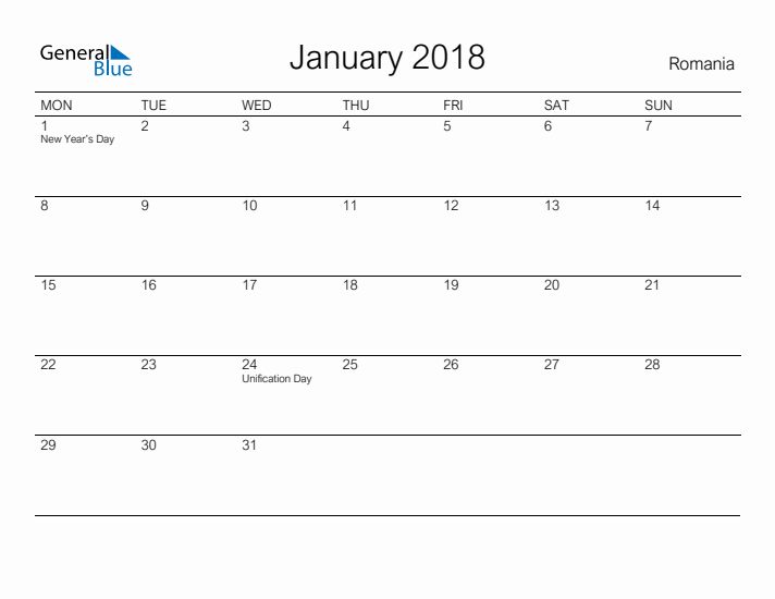 Printable January 2018 Calendar for Romania