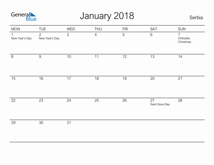 Printable January 2018 Calendar for Serbia