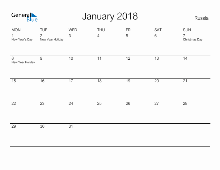 Printable January 2018 Calendar for Russia