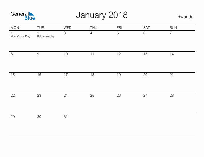 Printable January 2018 Calendar for Rwanda