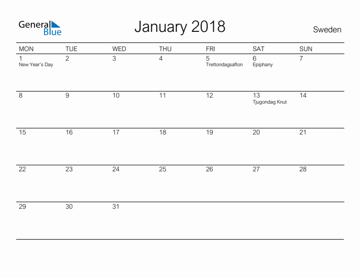 Printable January 2018 Calendar for Sweden