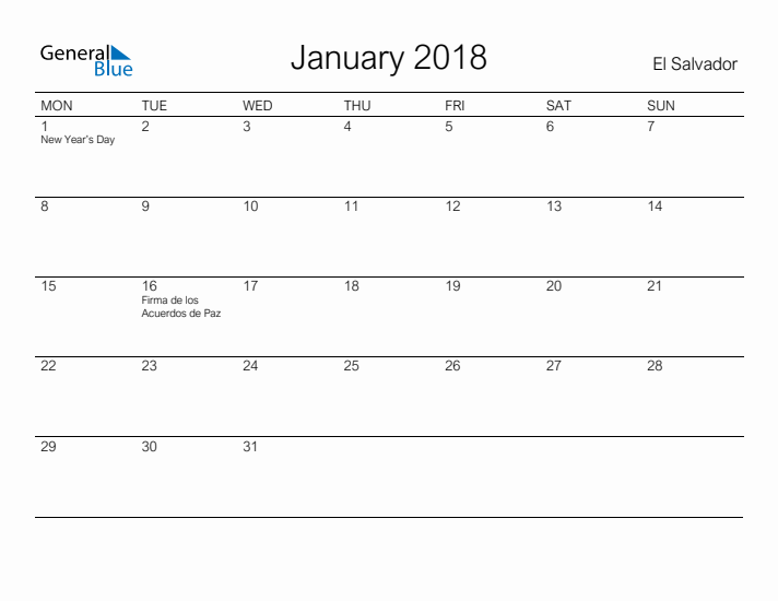 Printable January 2018 Calendar for El Salvador