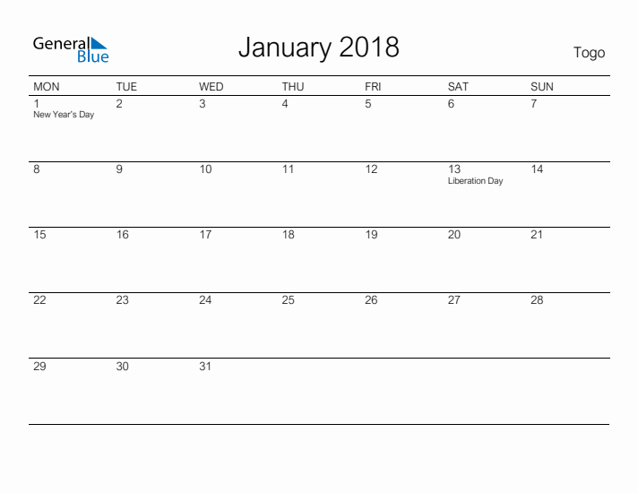 Printable January 2018 Calendar for Togo