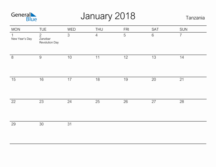 Printable January 2018 Calendar for Tanzania