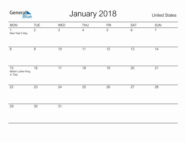 Printable January 2018 Calendar for United States