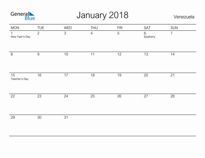 Printable January 2018 Calendar for Venezuela
