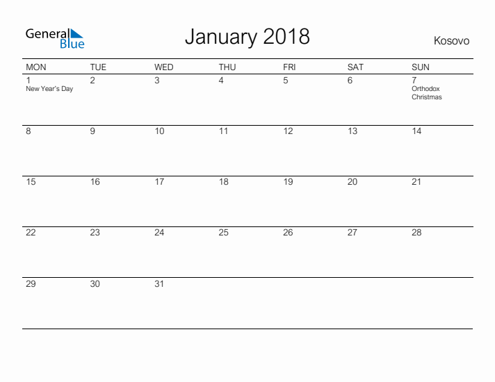 Printable January 2018 Calendar for Kosovo