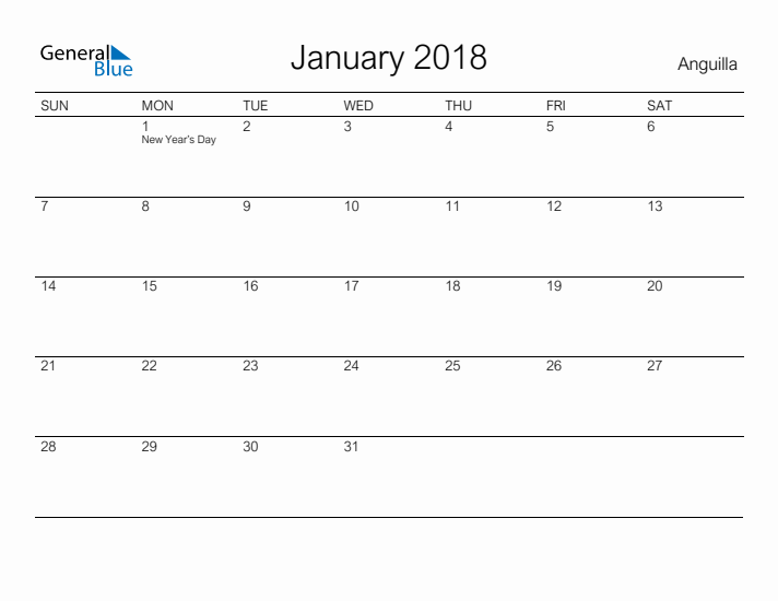 Printable January 2018 Calendar for Anguilla