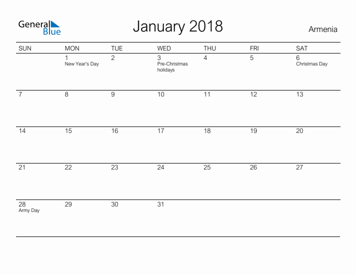 Printable January 2018 Calendar for Armenia