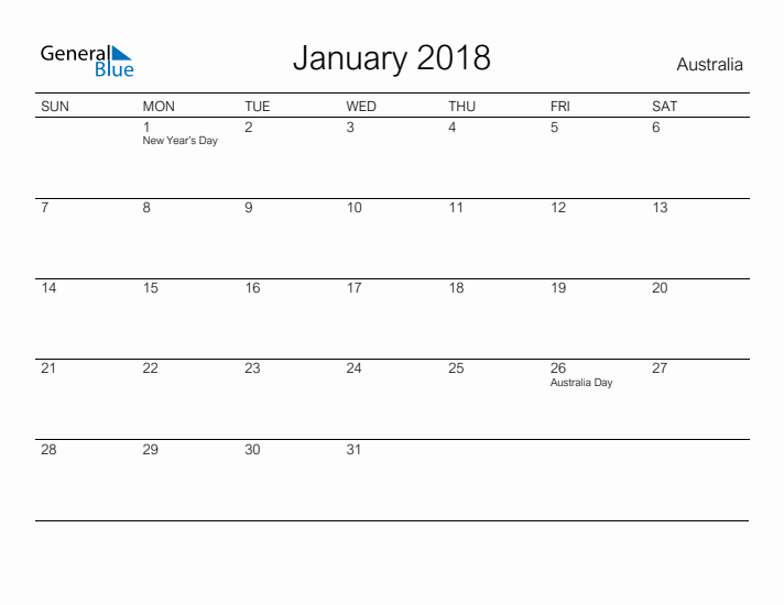 Printable January 2018 Calendar for Australia