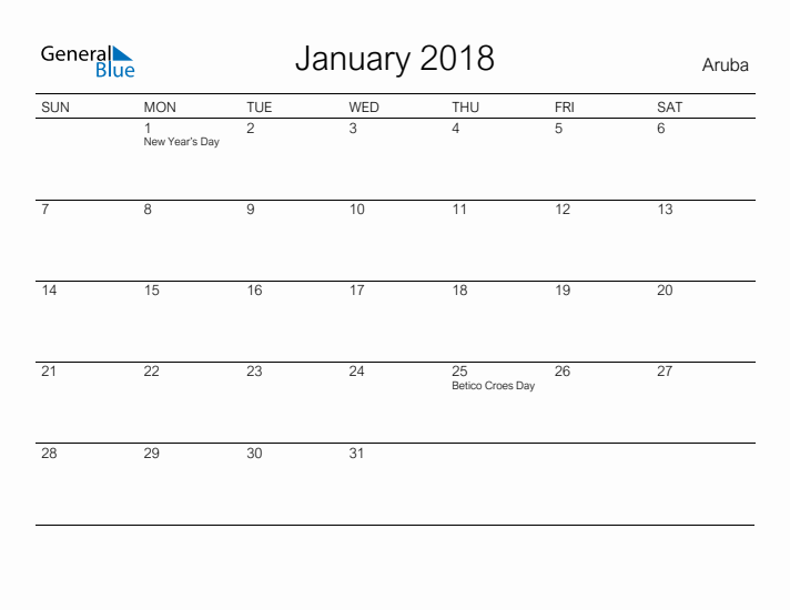 Printable January 2018 Calendar for Aruba