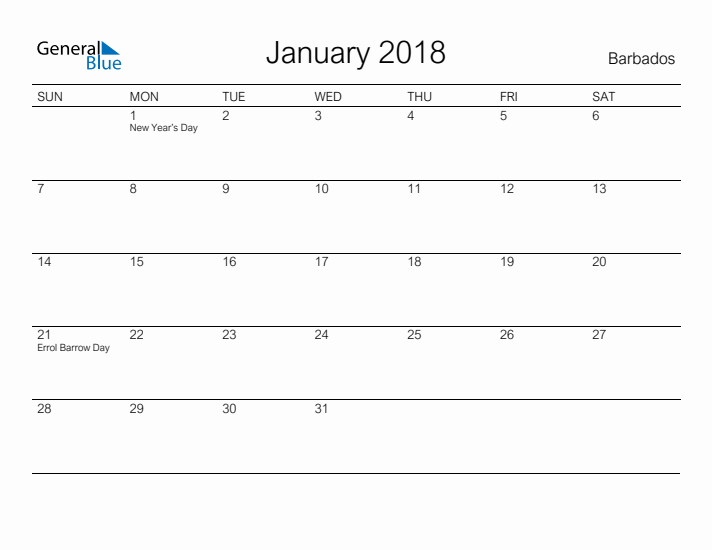 Printable January 2018 Calendar for Barbados