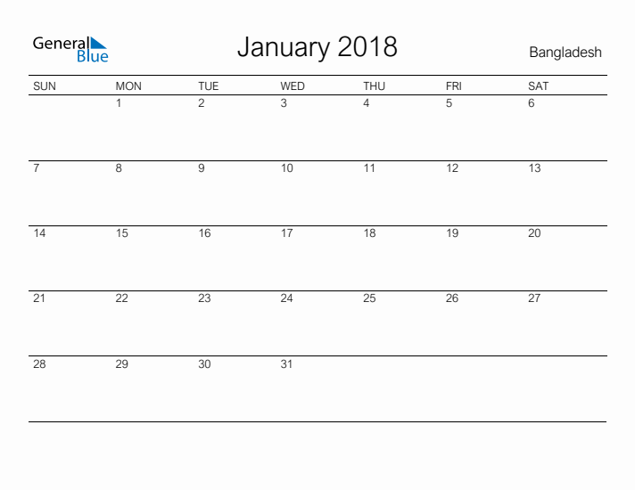Printable January 2018 Calendar for Bangladesh