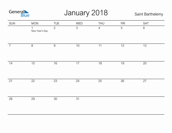 Printable January 2018 Calendar for Saint Barthelemy