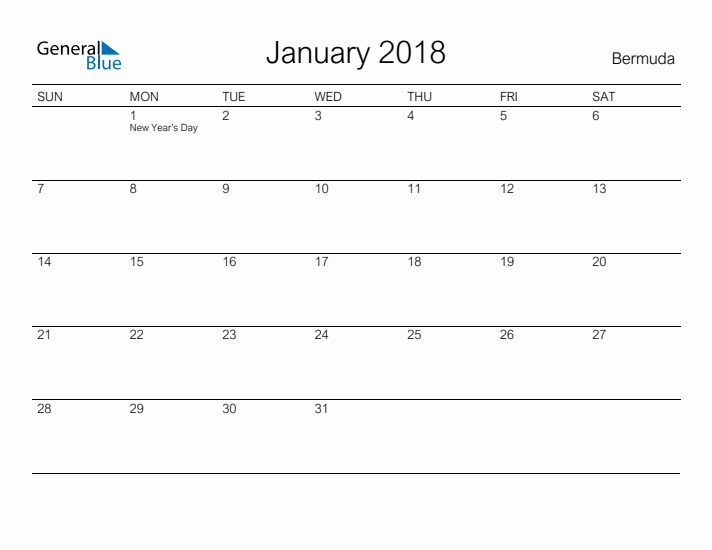 Printable January 2018 Calendar for Bermuda