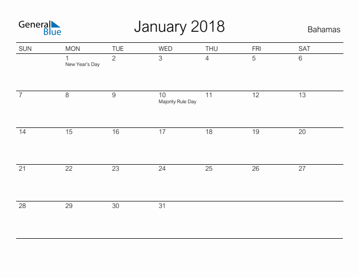 Printable January 2018 Calendar for Bahamas
