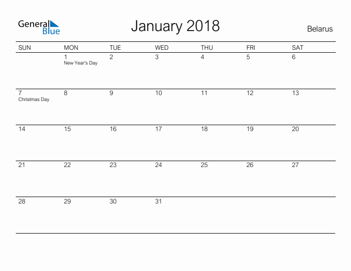 Printable January 2018 Calendar for Belarus