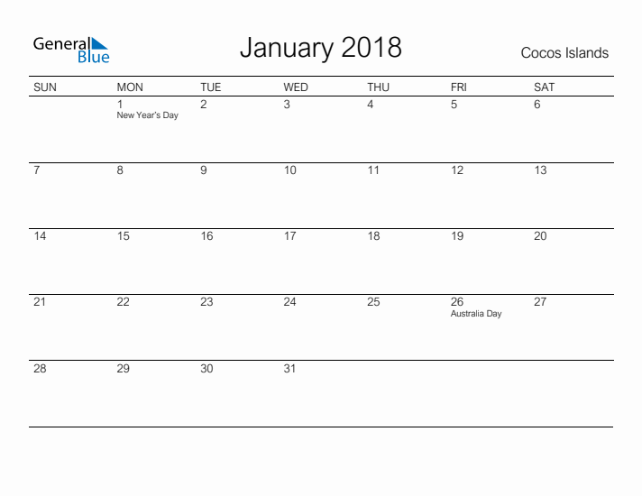 Printable January 2018 Calendar for Cocos Islands