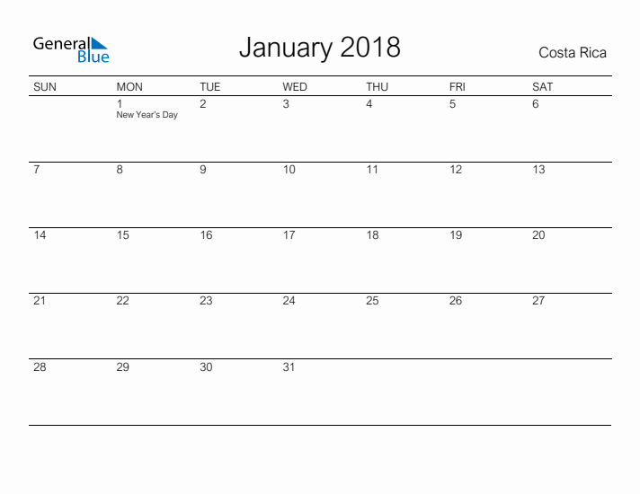 Printable January 2018 Calendar for Costa Rica
