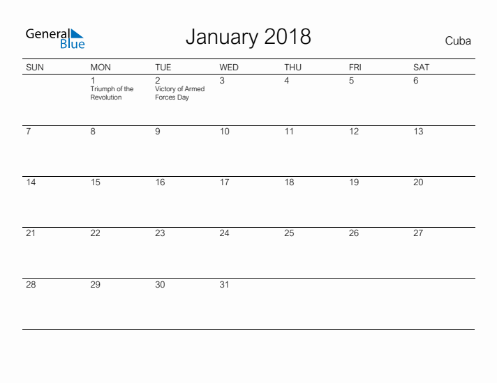 Printable January 2018 Calendar for Cuba