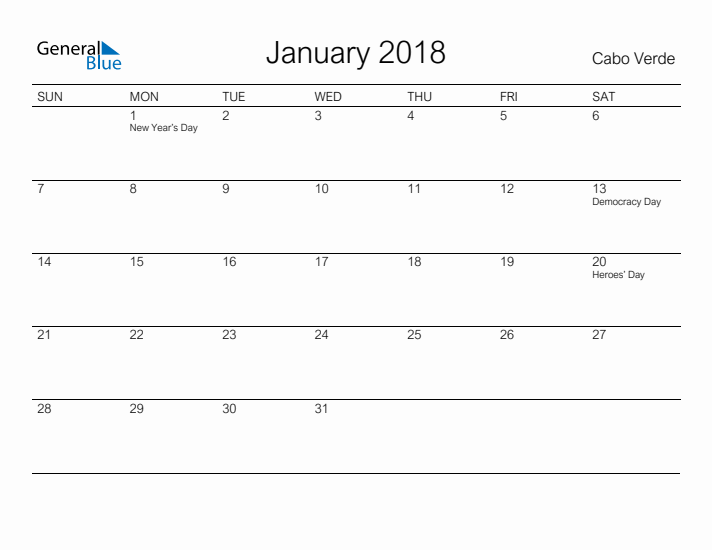 Printable January 2018 Calendar for Cabo Verde