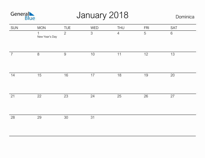 Printable January 2018 Calendar for Dominica