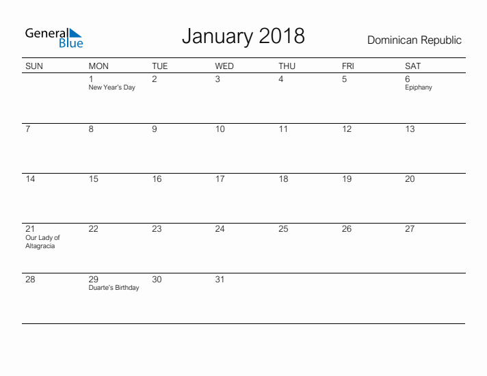 Printable January 2018 Calendar for Dominican Republic