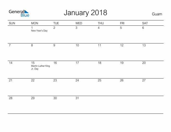 Printable January 2018 Calendar for Guam