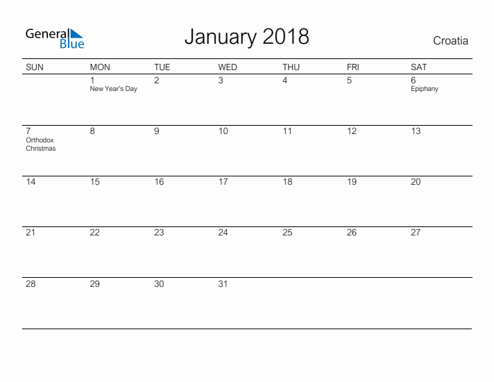 Printable January 2018 Calendar for Croatia