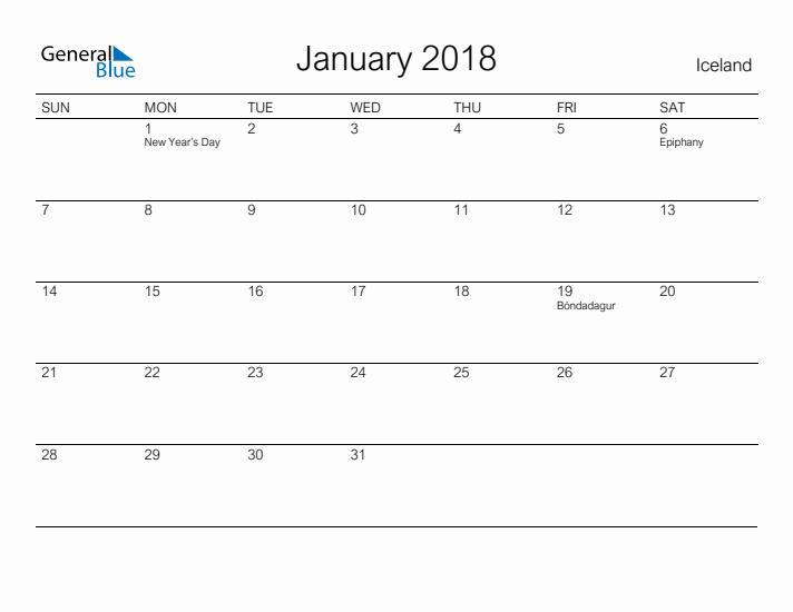 Printable January 2018 Calendar for Iceland