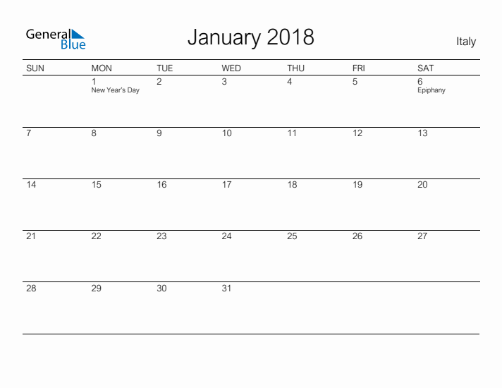 Printable January 2018 Calendar for Italy