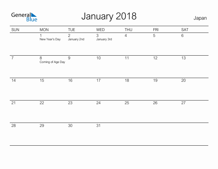 Printable January 2018 Calendar for Japan