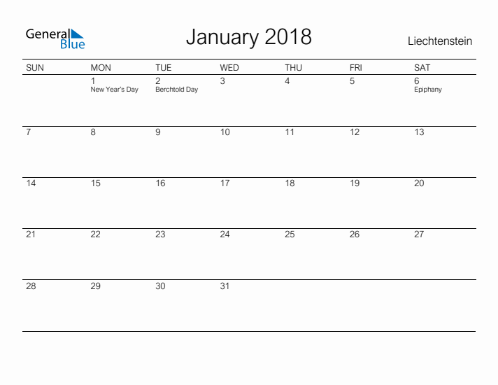 Printable January 2018 Calendar for Liechtenstein