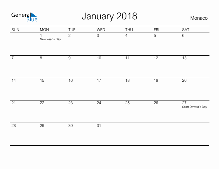 Printable January 2018 Calendar for Monaco