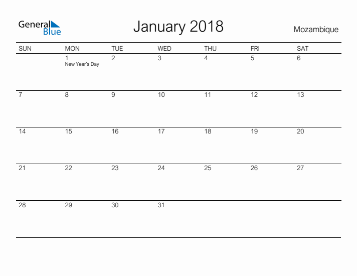 Printable January 2018 Calendar for Mozambique
