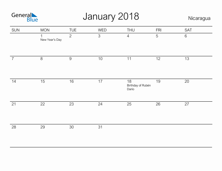 Printable January 2018 Calendar for Nicaragua